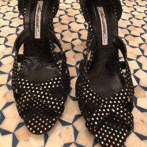 Brian Atwood Black Suede Gold Polka Dot Wedge 40